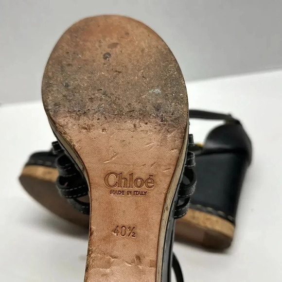 Chloe Marcie Wedges Leather T-Strap Platform High Heel Sandals Black Size 40.5 - Picture 11 of 14